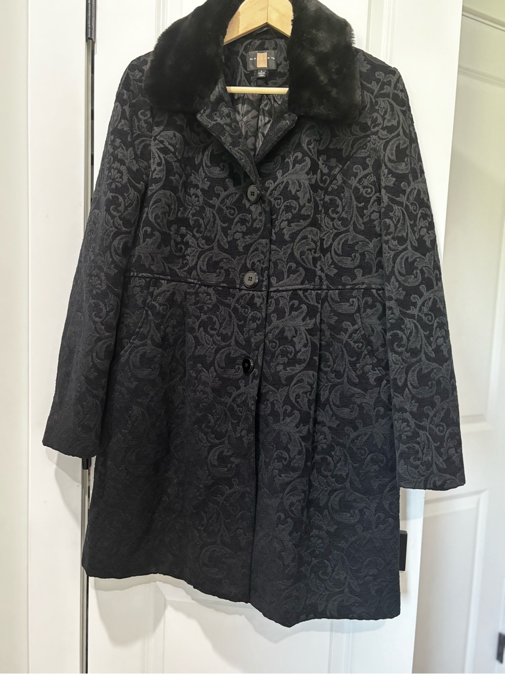 Gallery Black Floral Jacquard Pea Coat with Faux Fur Collar